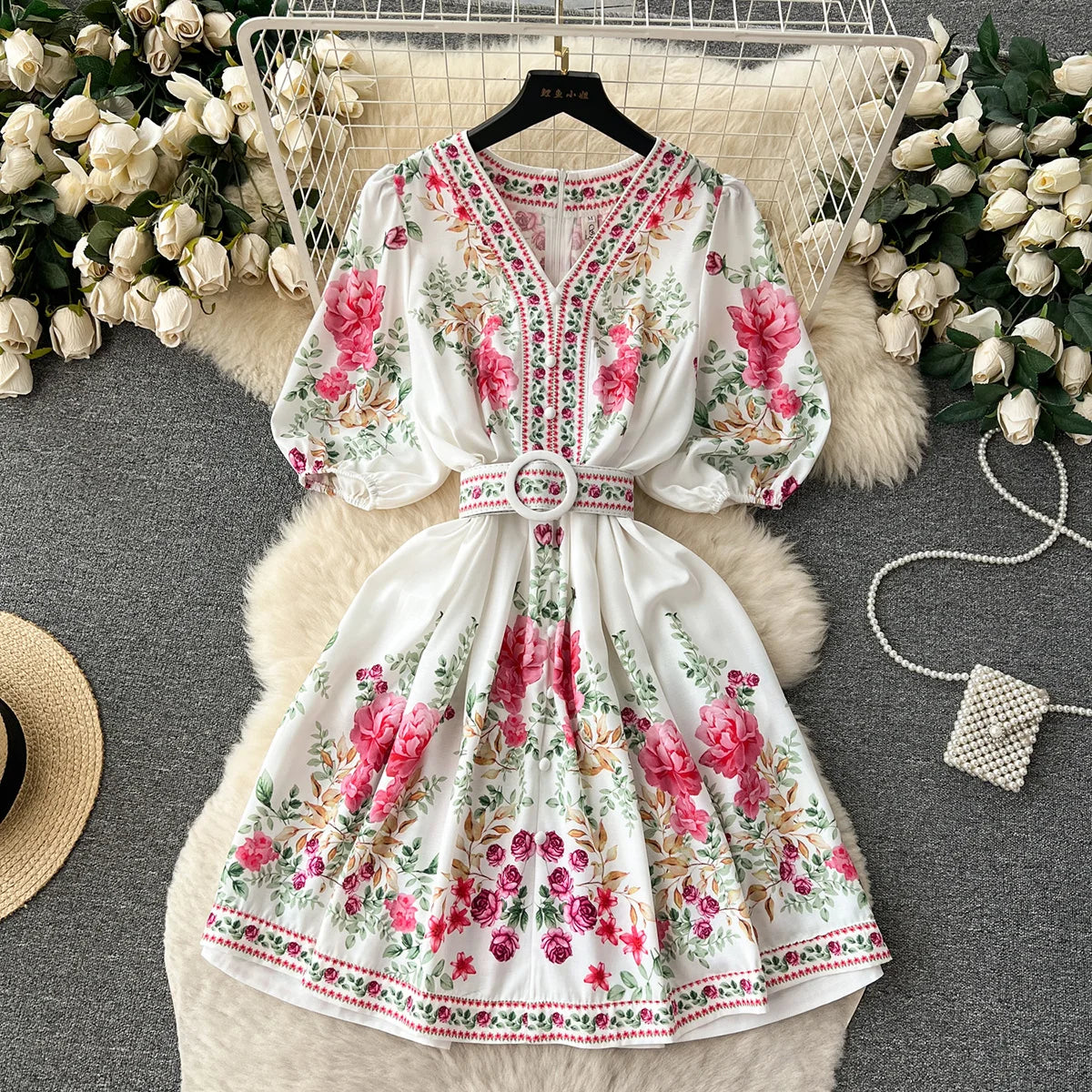 Summer Dress Women 2023 Fashion Clothing V Neck Vintage Floral Print Mini Dress Short Puff Sleeve Belted Elegant Party Dresses