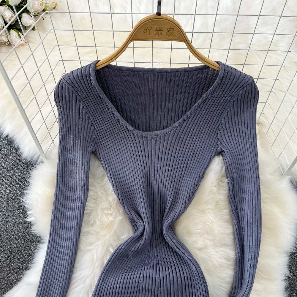 Women Chic Elegant Long Sleeve Bodycon Vneck Dress Sexy French Fashion Knit Wrap Vestidos Elastic Slim Pencil Sweater Dress