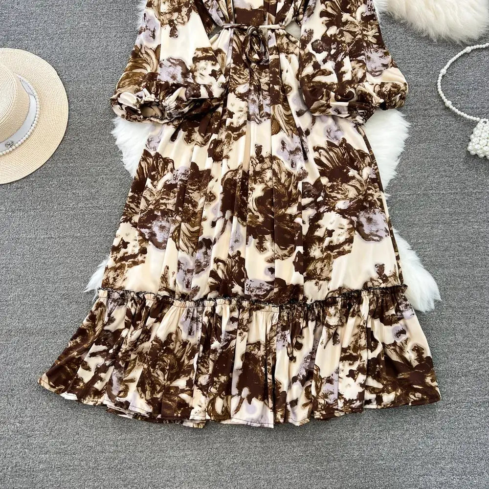 Elegant Casual A-Line Vintage Ruffle Print Long Dress Autumn Lantern Sleeve Party Boho Dresses Beach Holiday Female Vestidos