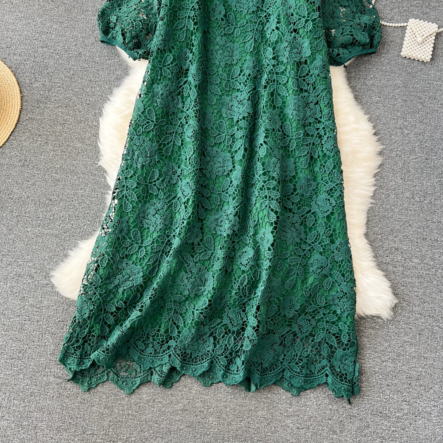 Chic Long Sleeve O Neck Lace Hook Flower Hollow Loose Dress Chiffon A-line Casual Dresses Fashion Women Elegant Vestidos