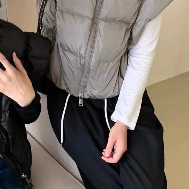 Women's Trendy Down Jacket Vest Winter Chic Sleeveless Zip Coat Round Neck Cropped Warm Waistcoat Female Spring 2024 New