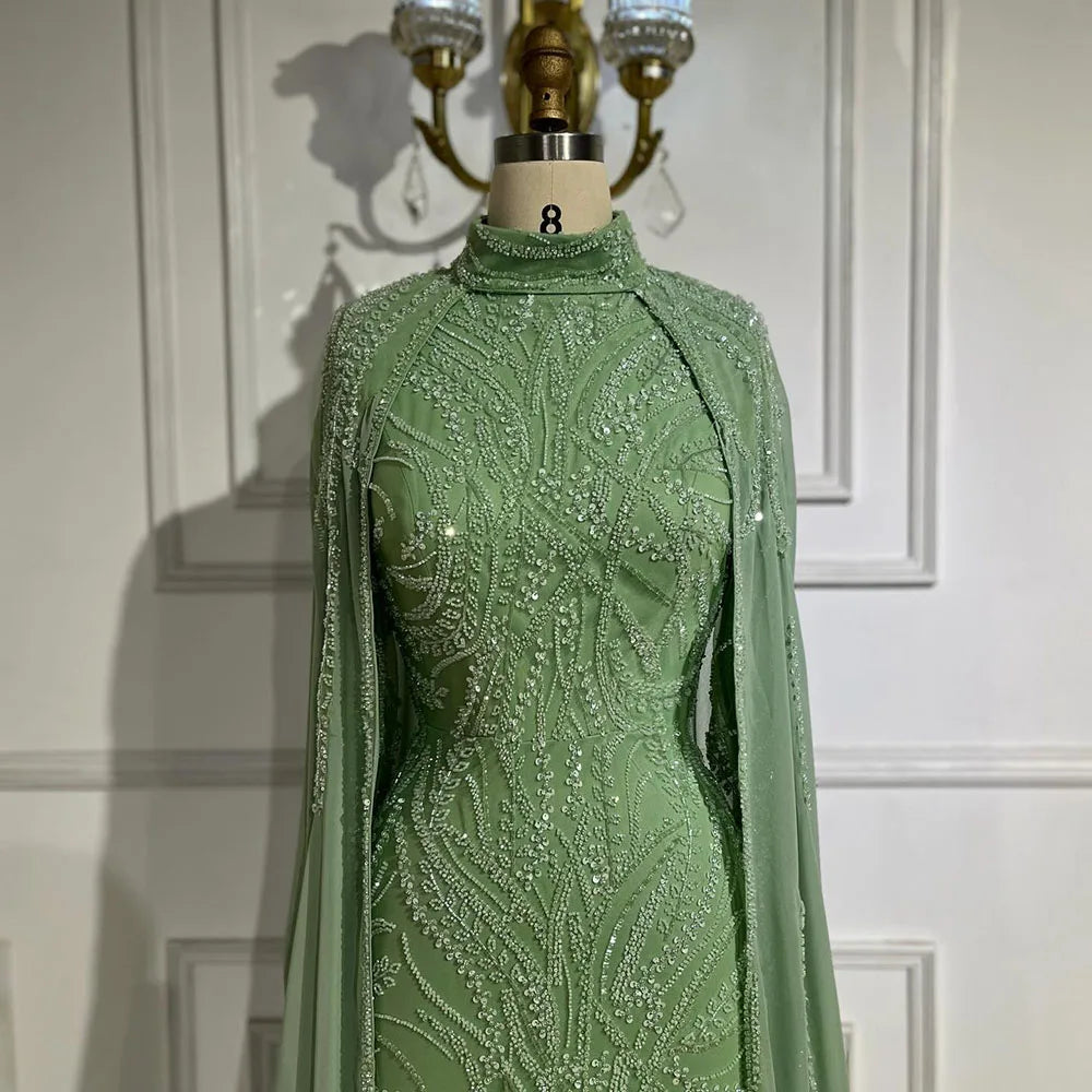 Serene Hill 2024 muslim Sage Green Mermaid Cape Sleeves Beaded Satin Luxury Evening Dresses Gowns for Women Party LA72413