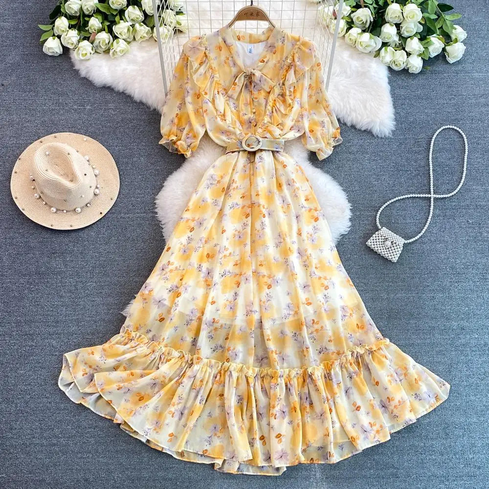 Summer Women Fashion Floral Print Casual Midi Dress Short Sleeve A-Line Maxi Boho Holiday Clothes Female Long Robe Mujers New