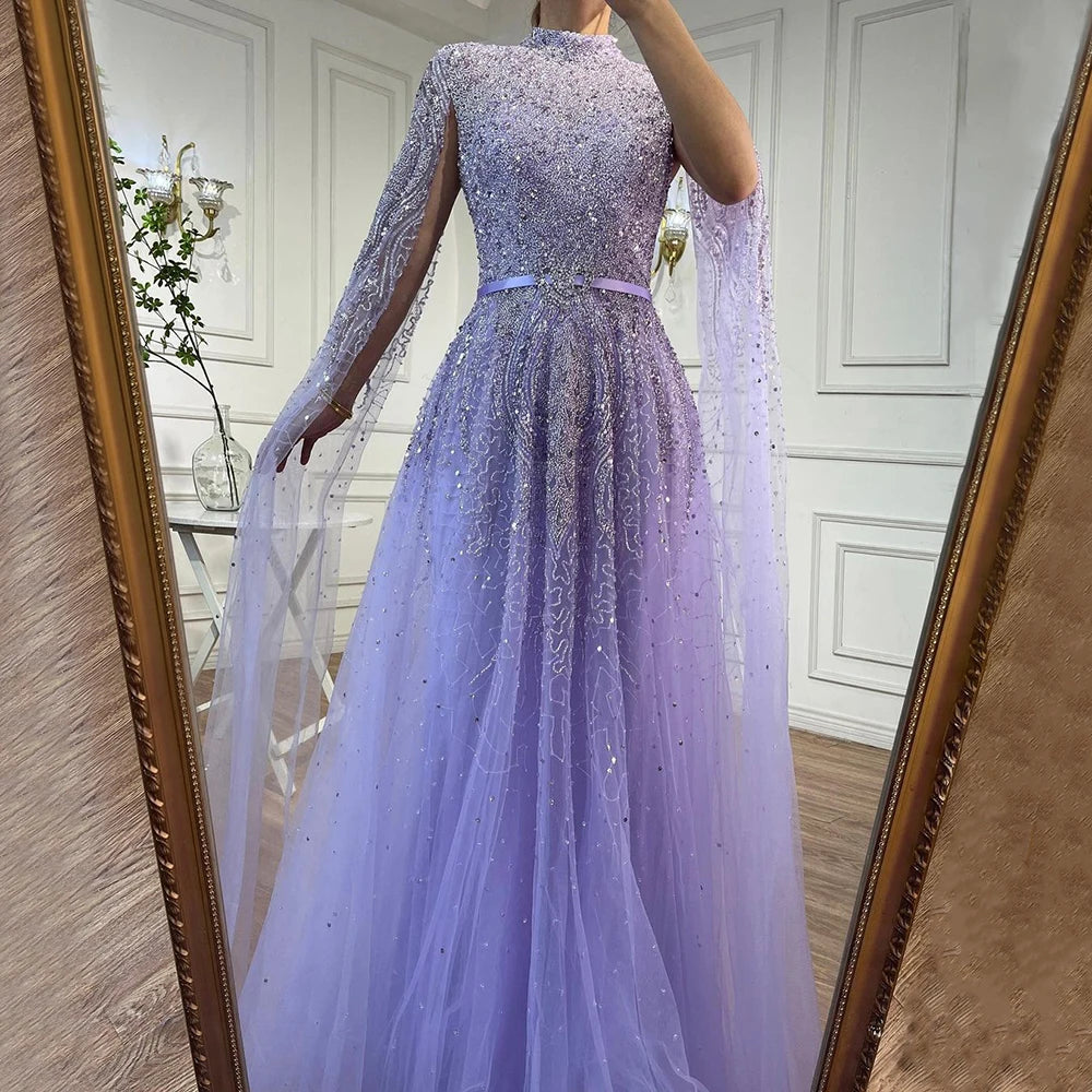 Serene Hill Blue A-Line High-end Beaded Luxury Cape Sleeves Evening Dresses Gowns 2024 For Woman Party Plus Size LA70066B