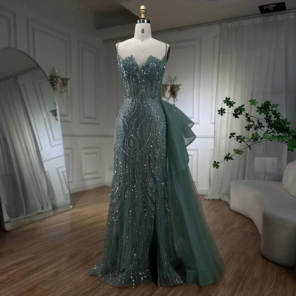 SERENE HILL 2024 Turquoise Spaghetti Strap Luxury Beaded Evening Dresses Mermaid Elegant Overskirt Gown For Women Party GLA72378