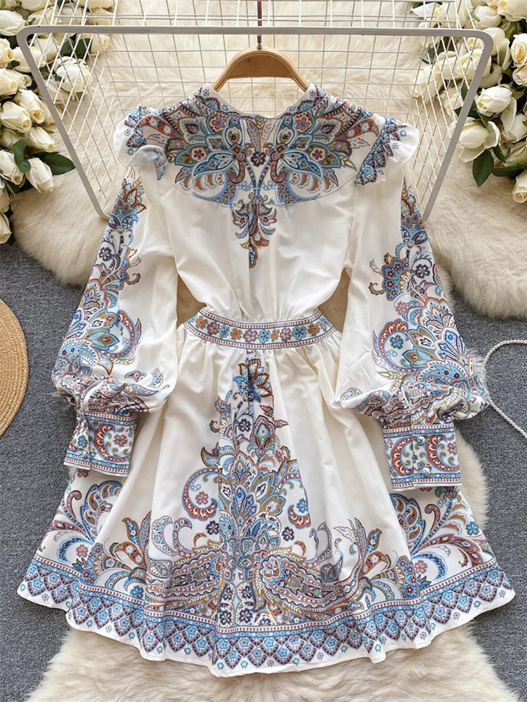 Elegant Dresses For Women 2024 V Neck Vintage Paisley Print Mini Holiday Dress Spring Ruffle Trim Long Sleeve Bohemian Dress