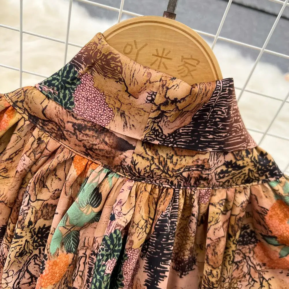 Elegant Casual A-Line Vintage Ruffle Print Long Dress Autumn Lantern Sleeve Party Boho Dresses Beach Holiday Female Vestidos