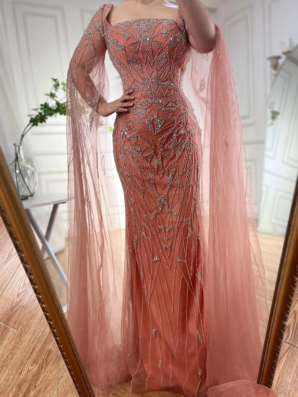 Serene Hill Arabic Pink Cape Sleeves Mermaid Dubai Evening Dresses Beaded Luxury Wedding Party Gowns For Women 2024 LA72261