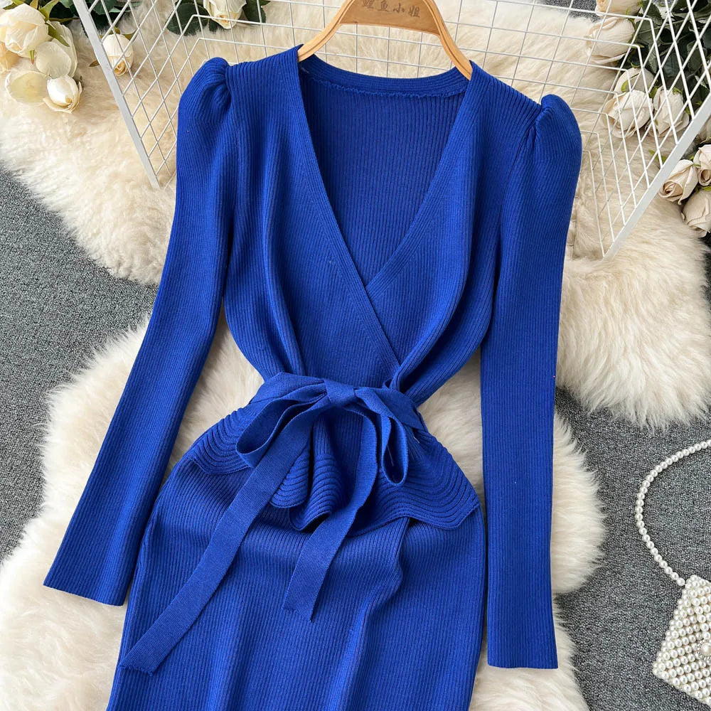 Women Long Sleeve V Neck Sexy Knit Bodycon Dress Chic Vintage Lace Up French Fashion Vestidos Party Elegant Fashion Dresses Y2k