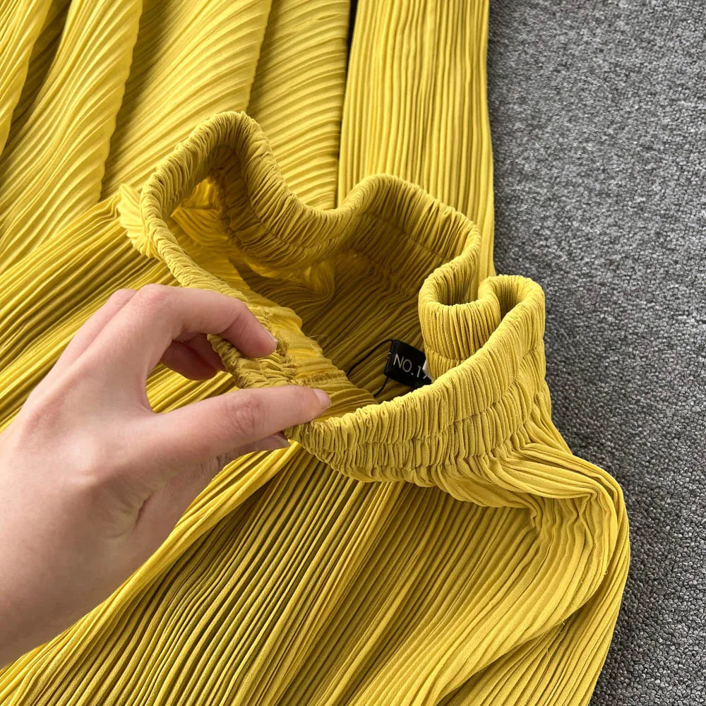 Clothland Stylish Yellow Blouse Set Two Piece Set Irregular Shirt Long Pants Pleated Women Chic Spring Suits TZ234