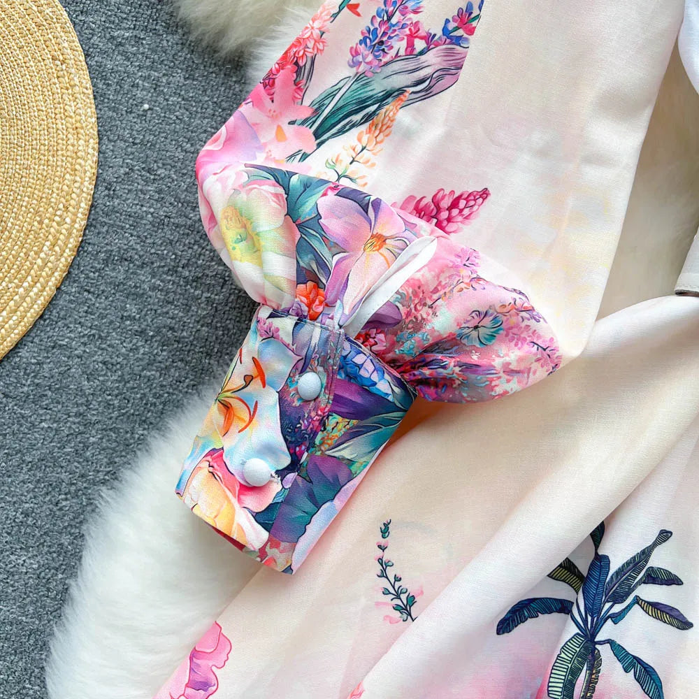 Chic Print Ruffle Elegant Puff Sleeve Dress A-line Casual Belt Beach Vacation Mini Dress Women Fashion Summer Spring Vestidos