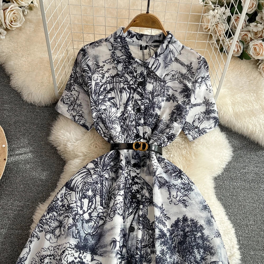 Summer Retro Shirt Dress Women Short Sleeved Lapel Single Breasted A-line Print Long Dresses Ladies Elegant Party Long Robe