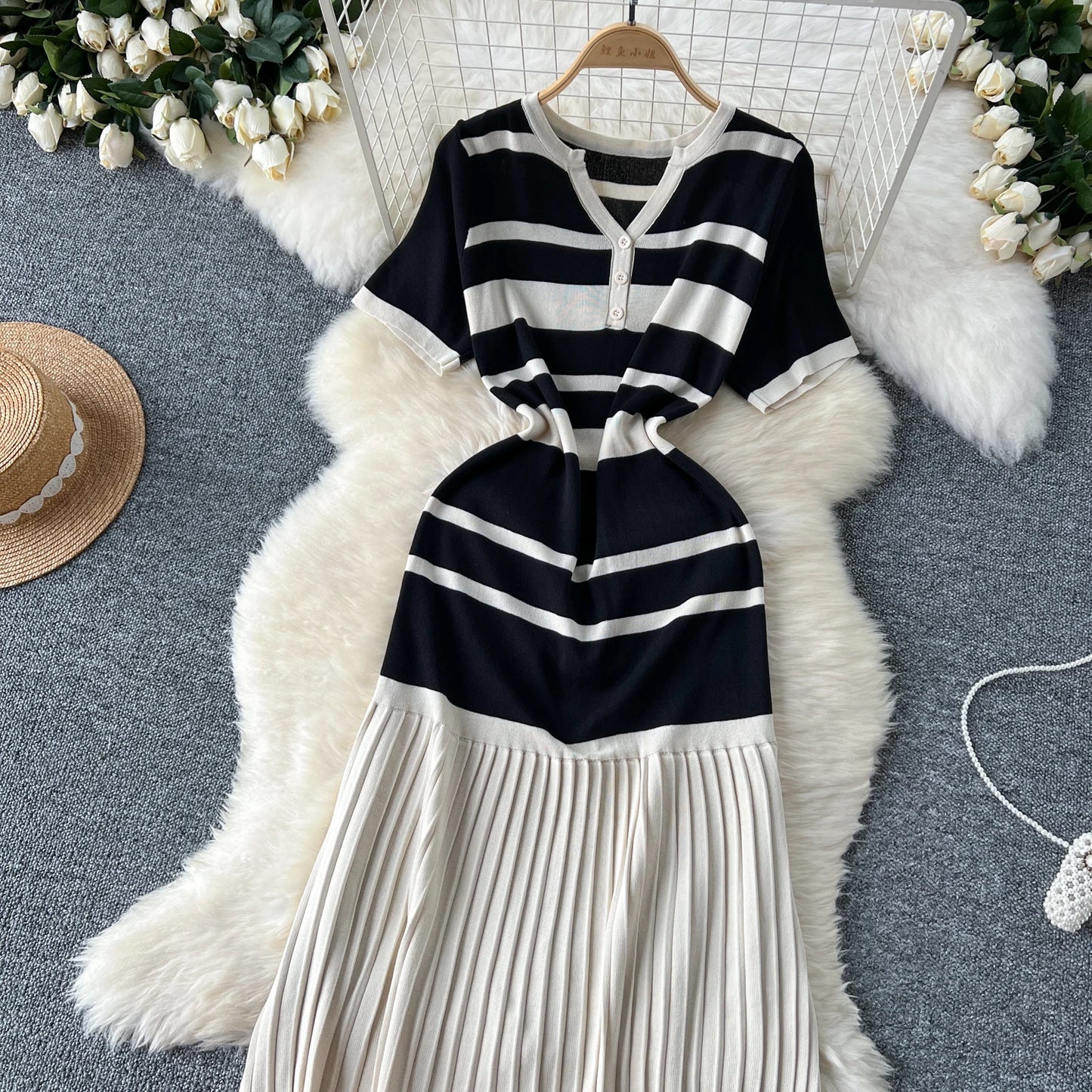 Sexy Chic short sleeve PATCHWORK v-Neck Striped Knit Dress Elegant Fashion Party Slim Summer A-line sweet dresses
