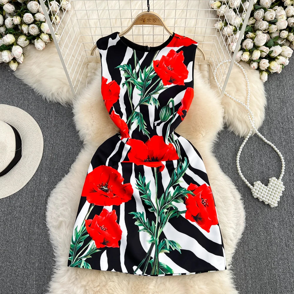 New In Dresses Summer Clothes For Women 2023 Fashion Elegant Vintage Print Party Dress Round Neck Sleeveless A Line Mini Dress