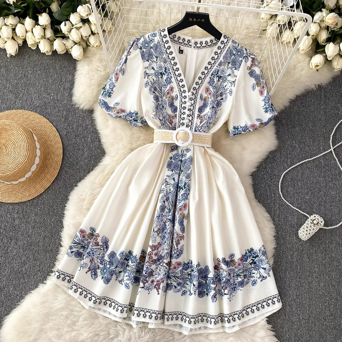 Party Dresses 2023 Elegant Vintage Floral Print Holiday Dress Women V Neck Short Puff Sleeve Summer Clothes Mini Dress With Belt