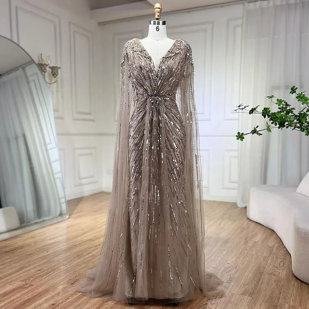 Serene Hill Turquoise Mermaid Evening Dresses Gowns 2024 with Beaded Cape Sleeves Design for Women's Wedding Party BLA72168A