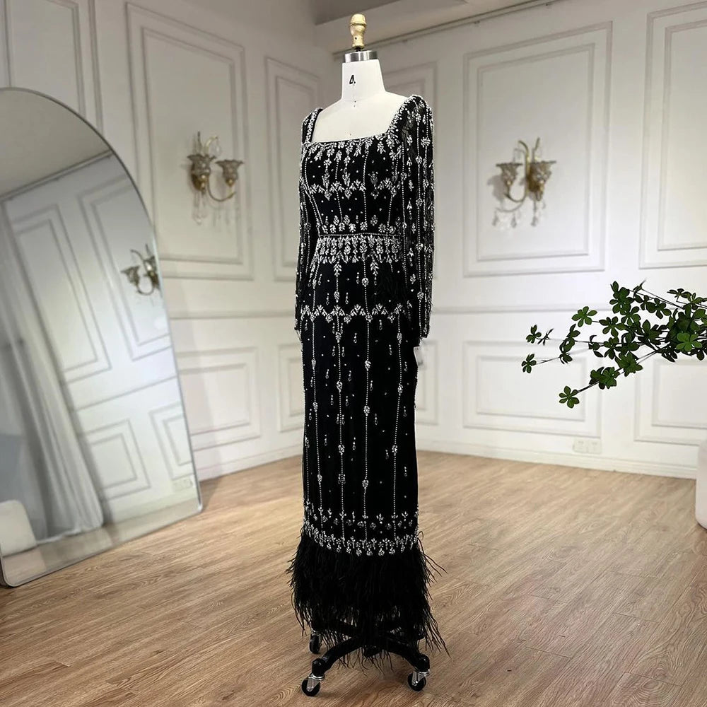 Serene Hill Muslim Turquoise Mermaid Elegant Evening Dresses Gowns 2024 Luxury Beaded Feather For Women Party LA71722