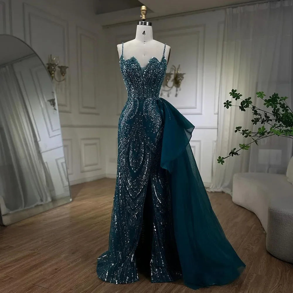 SERENE HILL 2024 Turquoise Spaghetti Strap Luxury Beaded Evening Dresses Mermaid Elegant Overskirt Gown For Women Party GLA72378