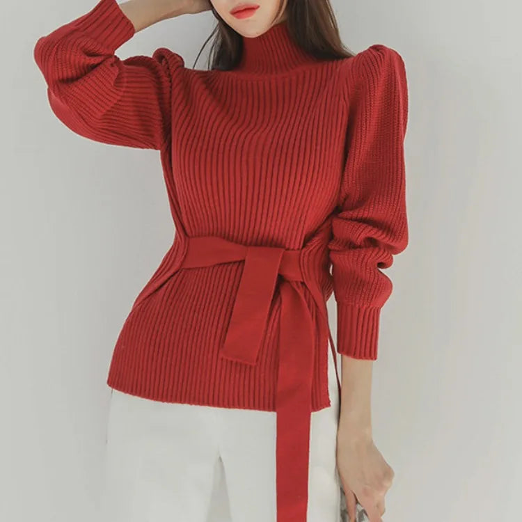 Elegant Half High Collar Strap Waist Tight Fit Design Fashionable Long Sleeve Sweater Women's Autumn/Winter New Warm Sweaters