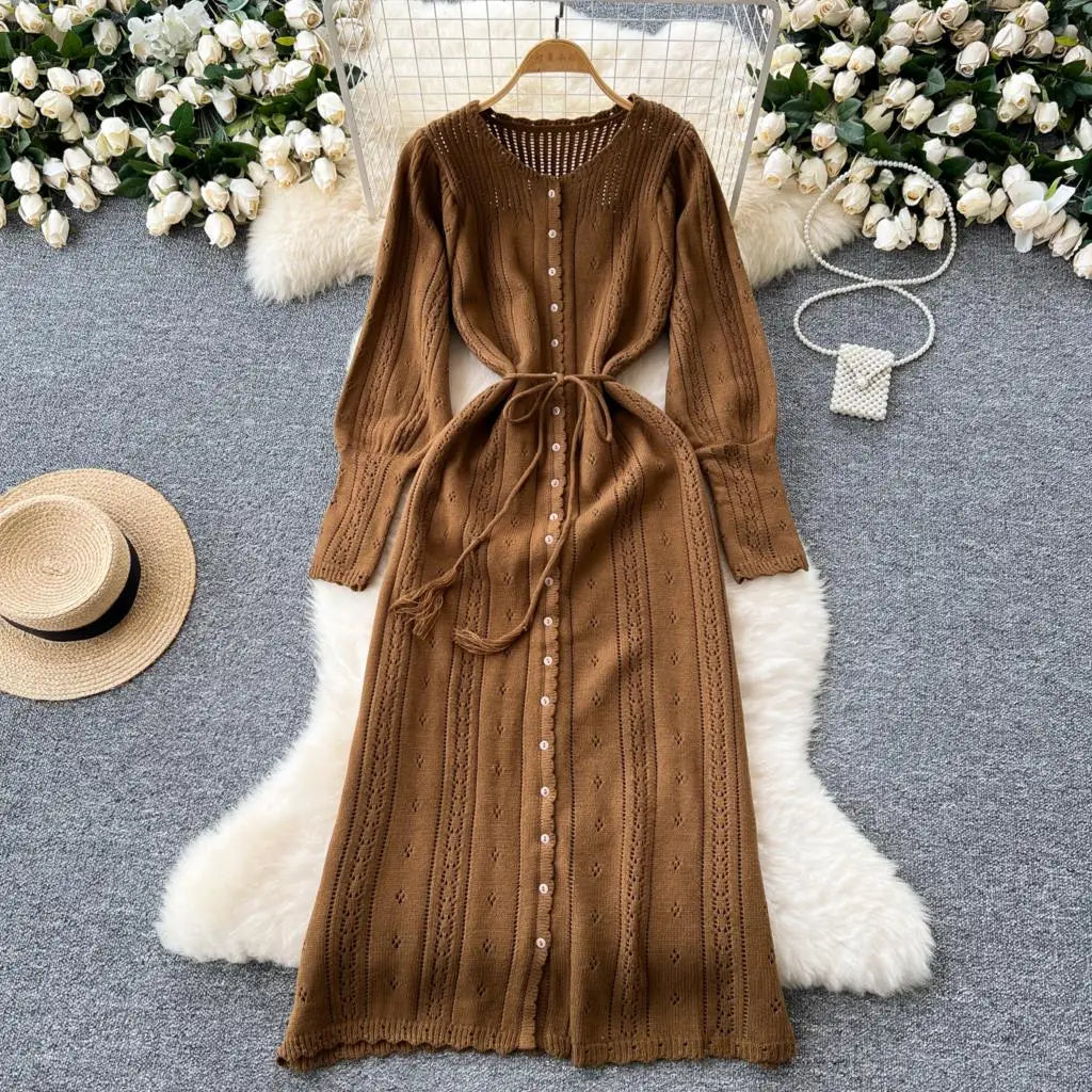 Elegant Autumn Solid Knitted Dresses for Women Sweet Hook Flower Hollow Strap A-line Korean Fashion Casual Vestidos Mujer New