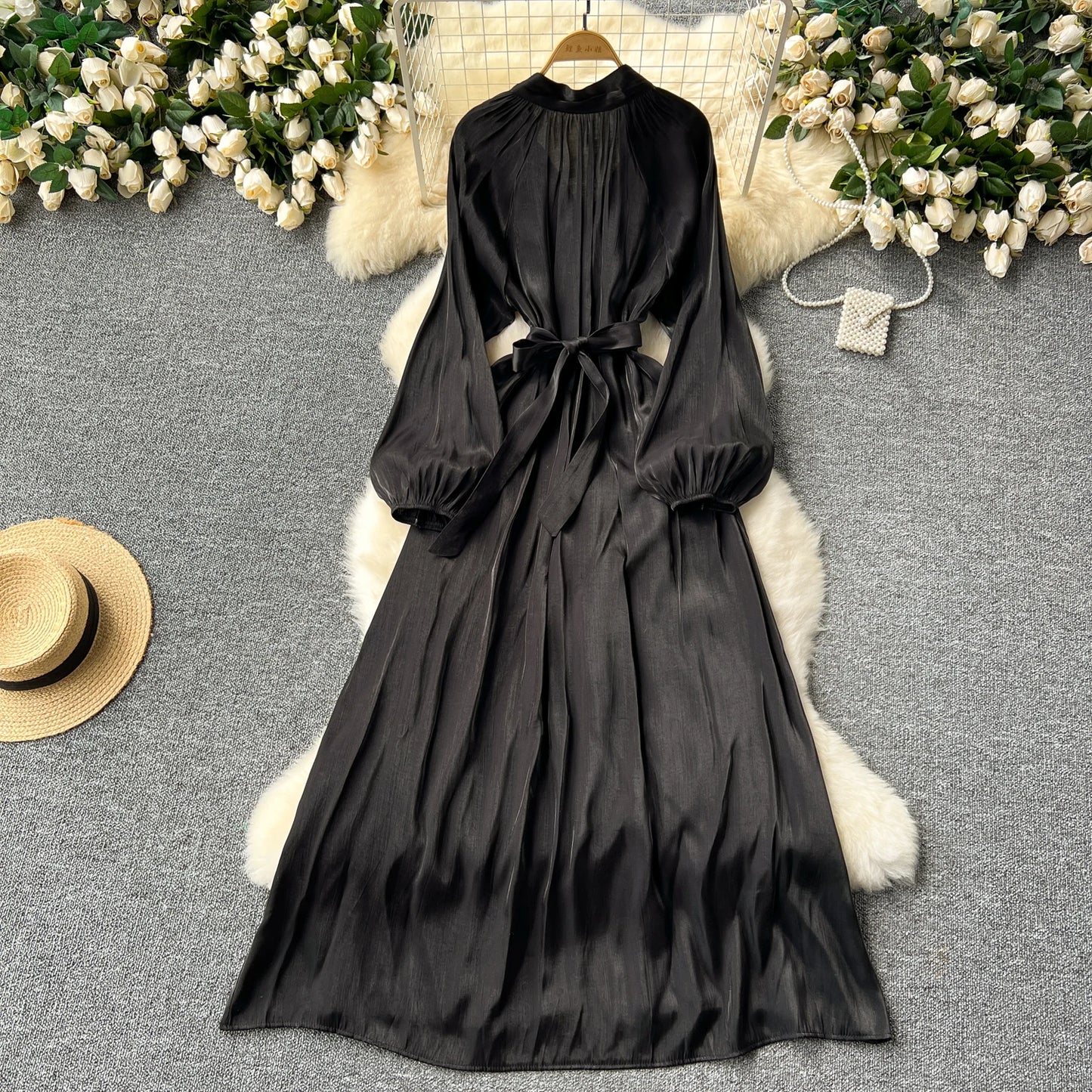French Vintage Pleated lool sleeve print Lace-up Bow sweet Dress Casual Women Fashion summer dresses