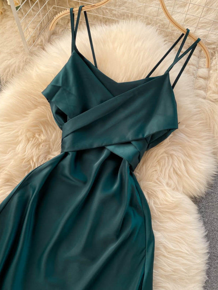 New Women Casual Long Dress Summer Cross V-neck Sexy Off-shoulder Dresses Ladies Sleeveless Slim Satin Long Robe Vestidos