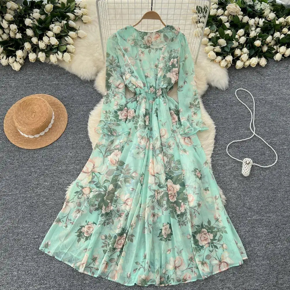 Women Elegant Floral Print Dress for Women Vintage V-Neck Long Sleeves Chiffon Slim A-Line Vestidos Mujer Autumn Female Clothes
