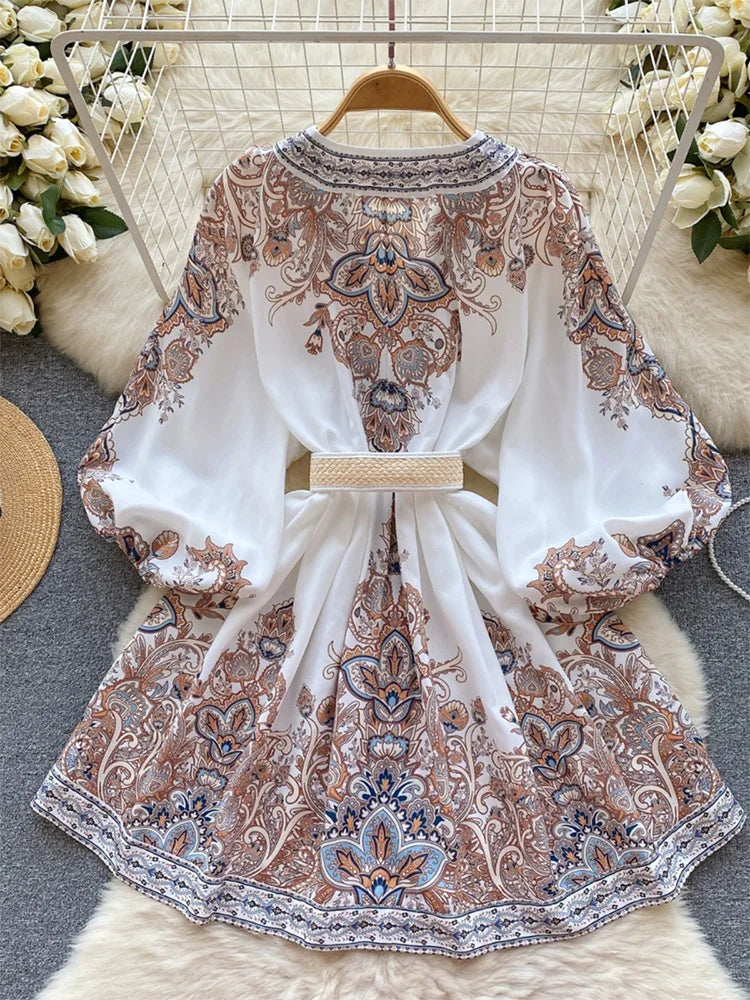 Holiday Dress For Women 2024 Bohemian Vintage Paisley Print Dress Spring 3/4 Sleeve V Neck Elegant Party Short Dresses With Belt