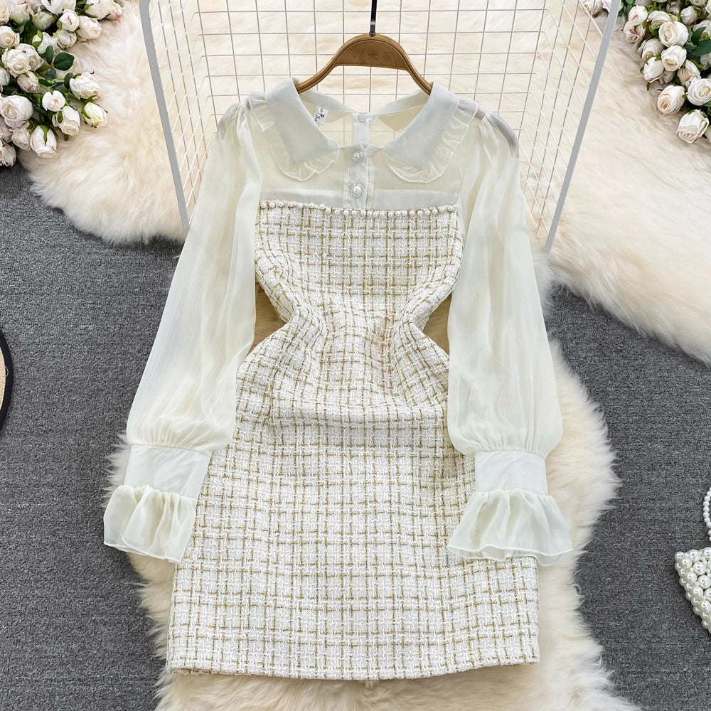 Autumn Fashion New Women Tweed Plaid Mini Dress Elegant Chiffon Patchwork Long Sleeve Dresses Female Casual One Piece Clothes