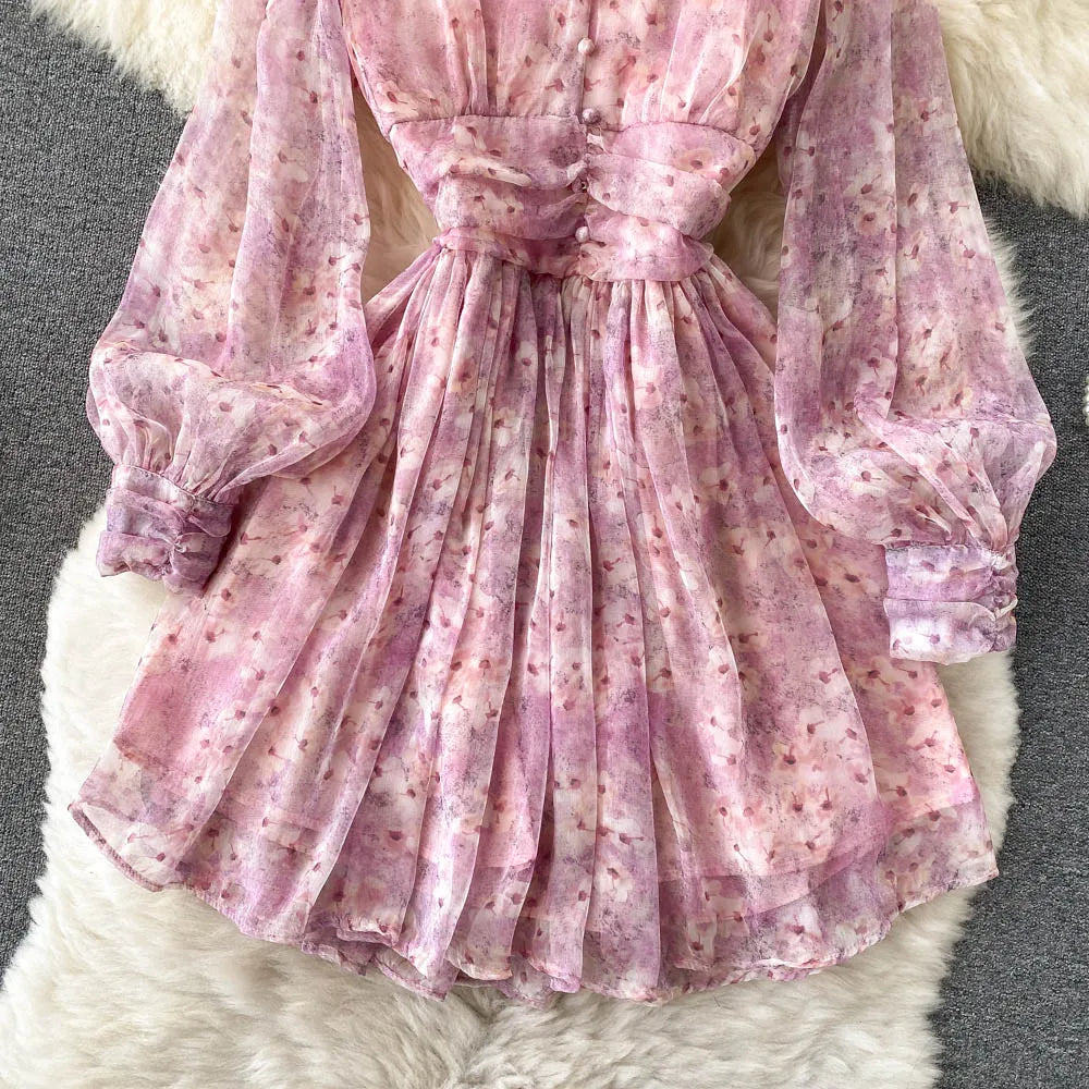 Vintage Floral Print Pleated Elegant Puff Sleeve Dress A-line Chiffon Beach Vacation casual Dress Women Summer Spring Vestidos