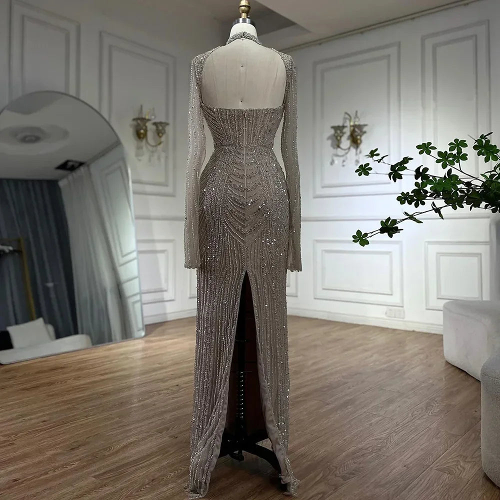 Serene Hill 2024 Luxury Dubai Nude Sweetheart Mermaid Beaded Evening Gowns with Back Slit for Women's Party GLA72560A