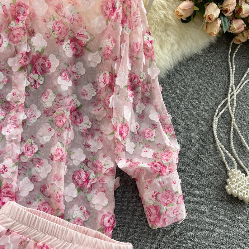 Clothland Sweet Appliqued Floral Blouse Suit Two Piece Pink Set Long Sleeve Shirts Mini Shorts Spring Set TZ228