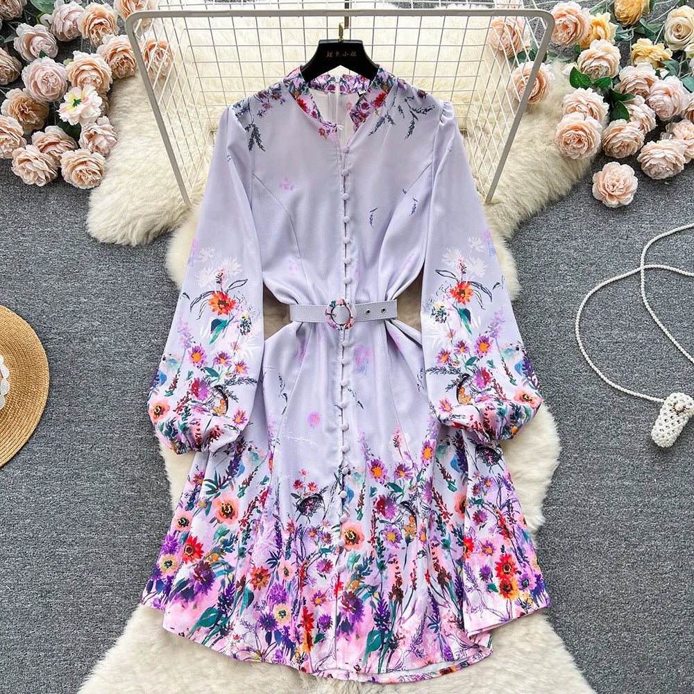 Spring Dresses 2024 Women Clothing Long Sleeve Party Elegant Dress With Belt Stand Collar Vintage Floral Print Holiday Dress
