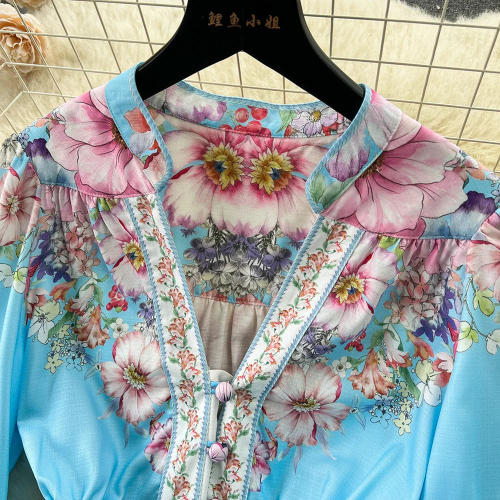Spring Dresses 2024 Women Fashion Elegant Vintage Floral Print Dress V Neck Front Button Up Long Sleeve Holiday Mini Dress Woman