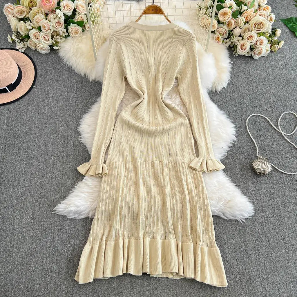 Women Vintage Mermaid Knitted Dress Elegant Casual Single Breasted Bodycon Slim Evening Dresses Female One Piece Clothes Mujers