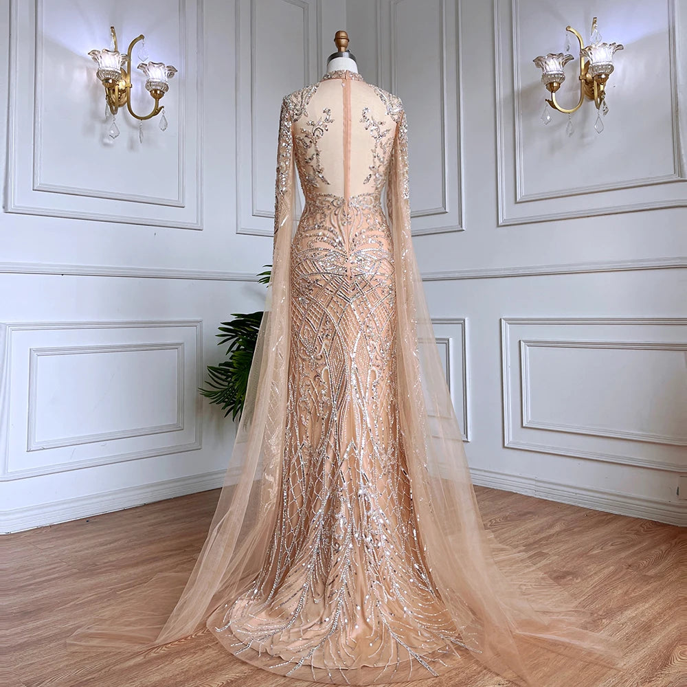 Serene Hill Nude Mermaid Elegant Sexy High Collar Cape Sleeves Luxury Beaded Evening Dresses Gowns 2024 For Women Party GLA71747