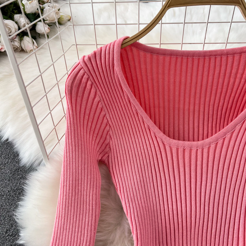 Women Chic Elegant Long Sleeve Bodycon Vneck Dress Sexy French Fashion Knit Wrap Vestidos Elastic Slim Pencil Sweater Dress