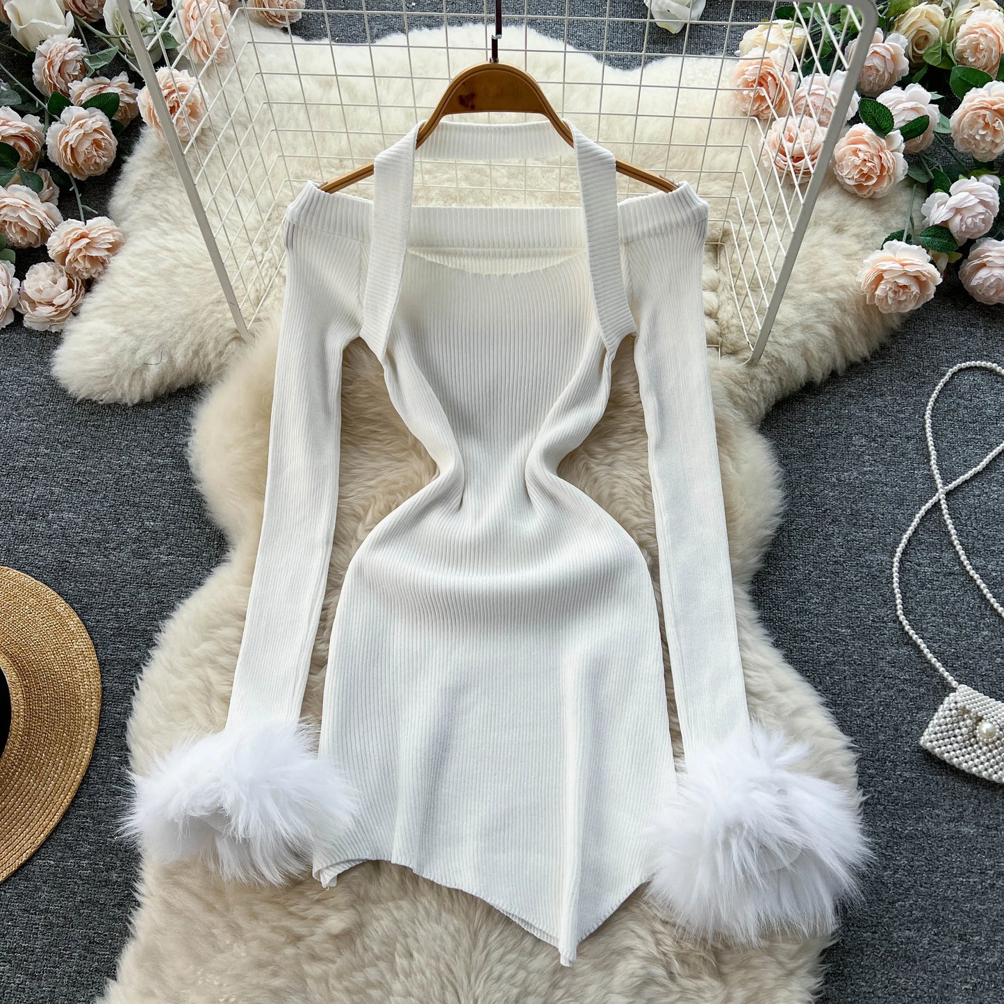 Chic Sexy Halter Bandage Irregular Bodycon Dress Fluffy Long Sleeve Knit Birthday Dress Autumn Winter Pencil Sweater Vestidos