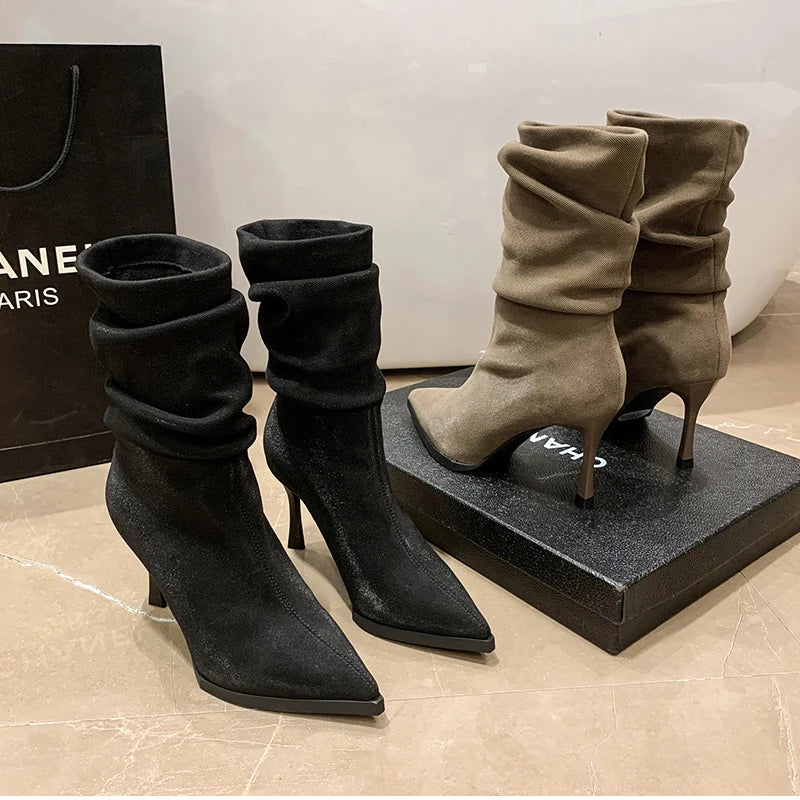 High Heel Women Pleated Ankle Boots Fashion Pointed Toe Slip On Shoes Dancing Party Dress Short Botas De Mujer