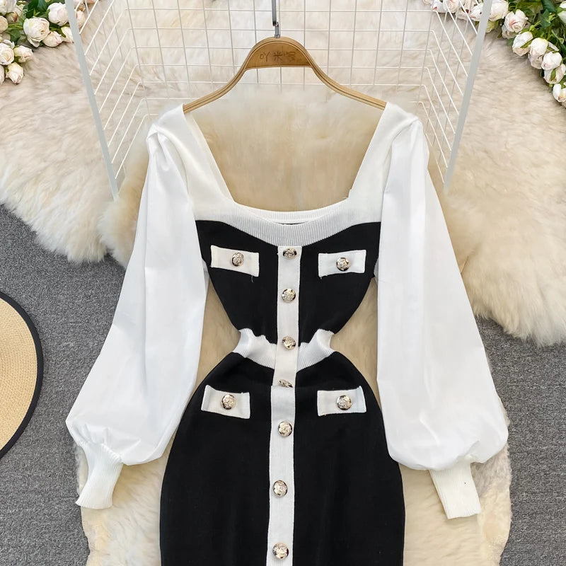Vintage Elegant Patchwork Square Neck Long Sleeve Knit Dress Casual Women Fashion High Waist Summer Spring Hip Wrap Dress