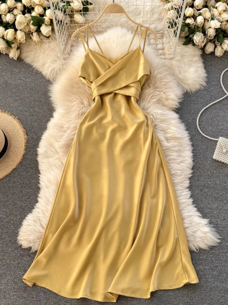 New Women Casual Long Dress Summer Cross V-neck Sexy Off-shoulder Dresses Ladies Sleeveless Slim Satin Long Robe Vestidos