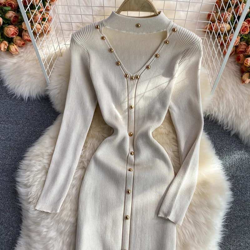 Women Chic Hollow Elegant Long Sleeve Bodycon Dress Sexy Party French Fashion Knit Wrap Vestidos Tight Slim Pencil Dress