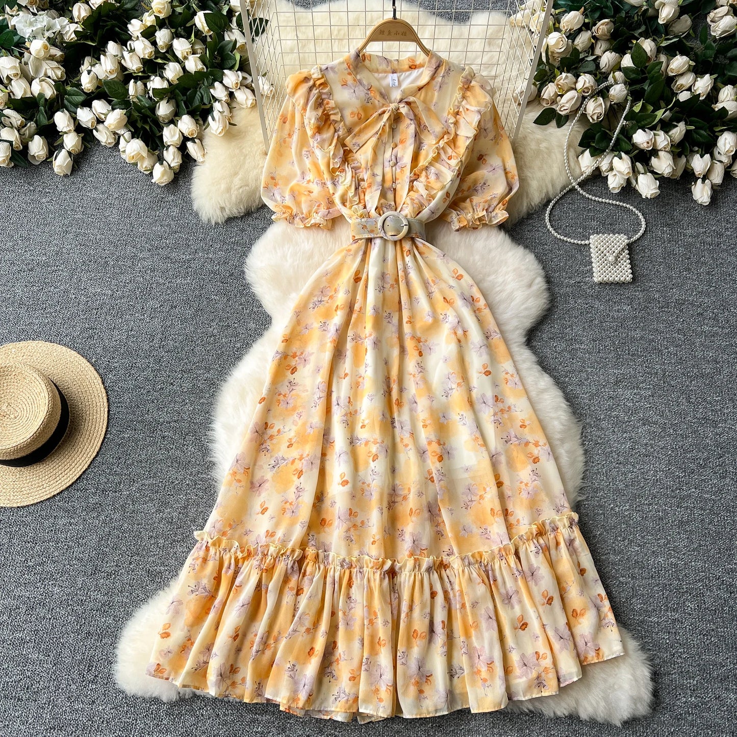 French Vintage Ruffle print chiffon Bandage Bow Puff Sleeves short Sleeves Dress Casual Women Fashion summer dresses