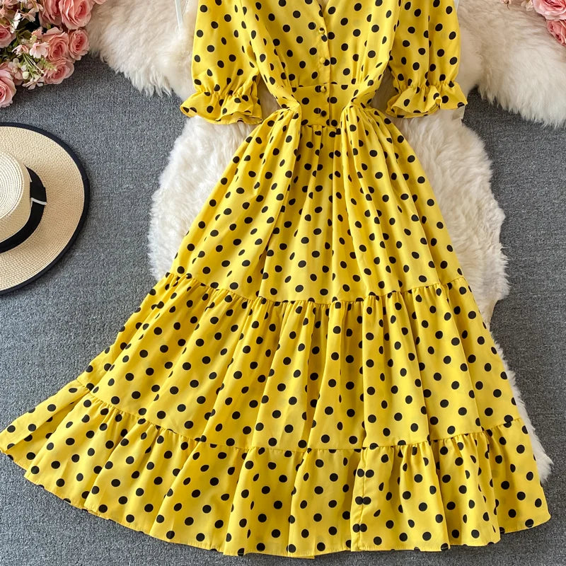 New Summer Women's Fashion Vintage Polka Dot Midi Dress Elegant and Chic A-Line Party Casual White Black Vestidos Female Robe