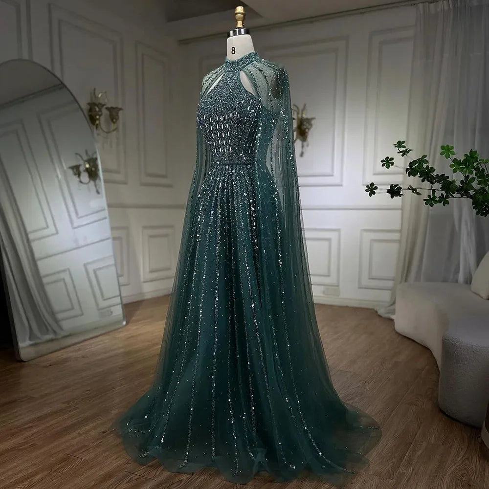 Serene Hill Arabic Turquoise A Line Cape Sleeve Beaded Luxury Dubai Evening Dresses Gowns For Women Wedding Party 2024 BLA72306A
