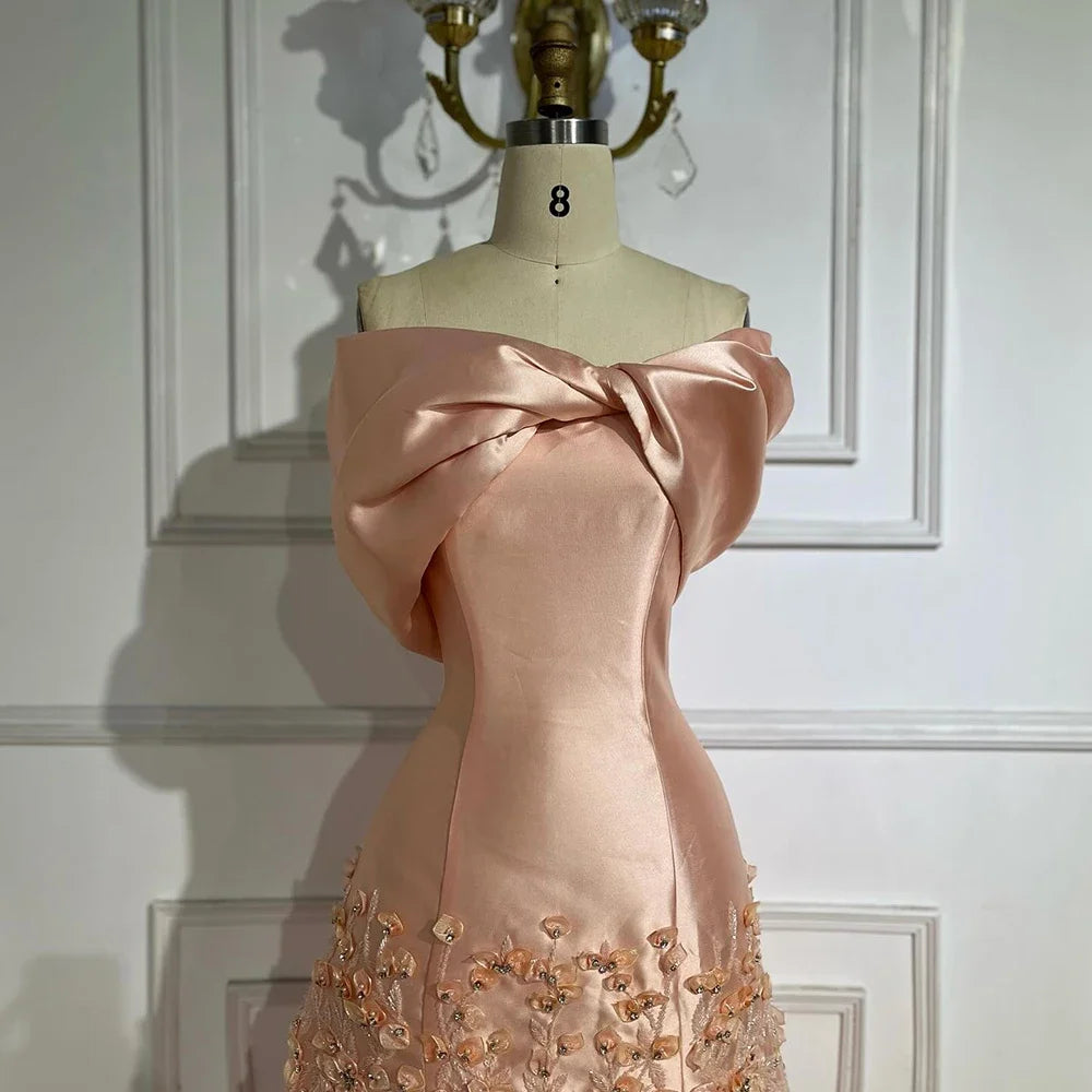 Serene Hill 2024 Luxury Saudi Arabia Off Shoulder Mermaid Peach Satin Luxury Women Evening Dress For Formal Occasions GLA72483