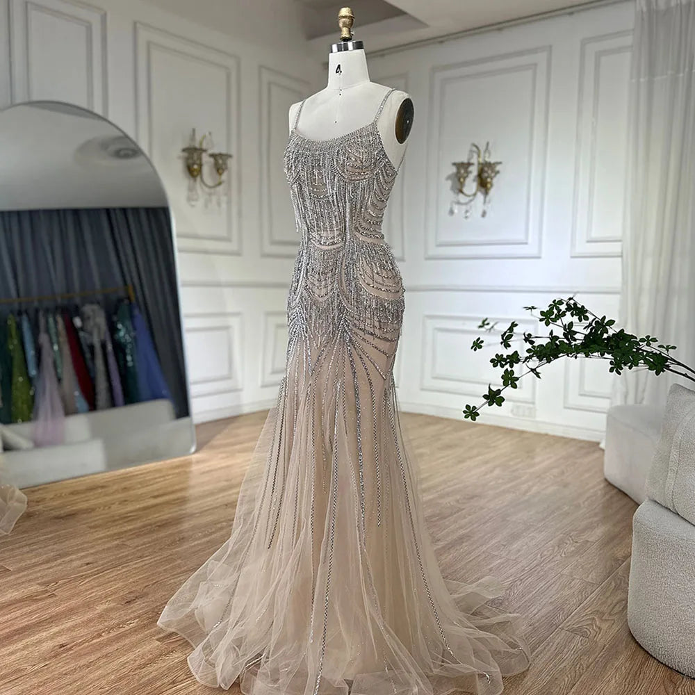 Serene Hill 2024 Silver Nude Spaghetti Strap Mermaid Evening Dress Gown with Luxury Beaded Tassels for Formal Occasion LA72772