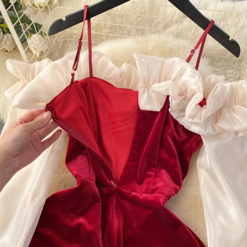 Sexy Bodycon Off Shoulder Party Dress Women Ruffles Velvet Patchwork Elegant Lady Fashion Prom Robe A-Line Vestidos Mujers New