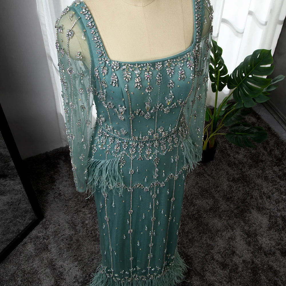 Serene Hill Muslim Turquoise Mermaid Elegant Evening Dresses Gowns 2024 Luxury Beaded Feather For Women Party LA71722