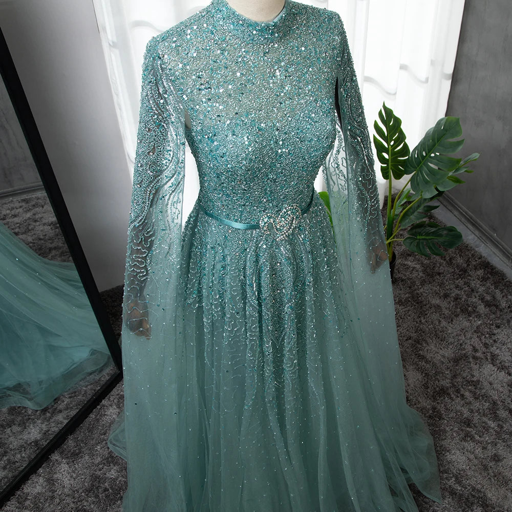 Serene Hill Blue A-Line High-end Beaded Luxury Cape Sleeves Evening Dresses Gowns 2024 For Woman Party Plus Size LA70066B